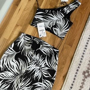 Zara black white floral jacquard crop top pants set small